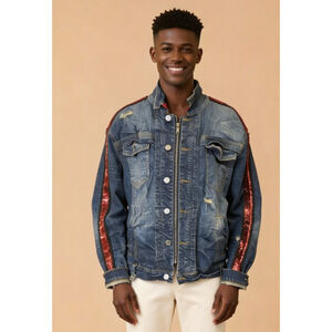 Smuggler's Moon by Priva Distillery, denim jacket with red sequined detail